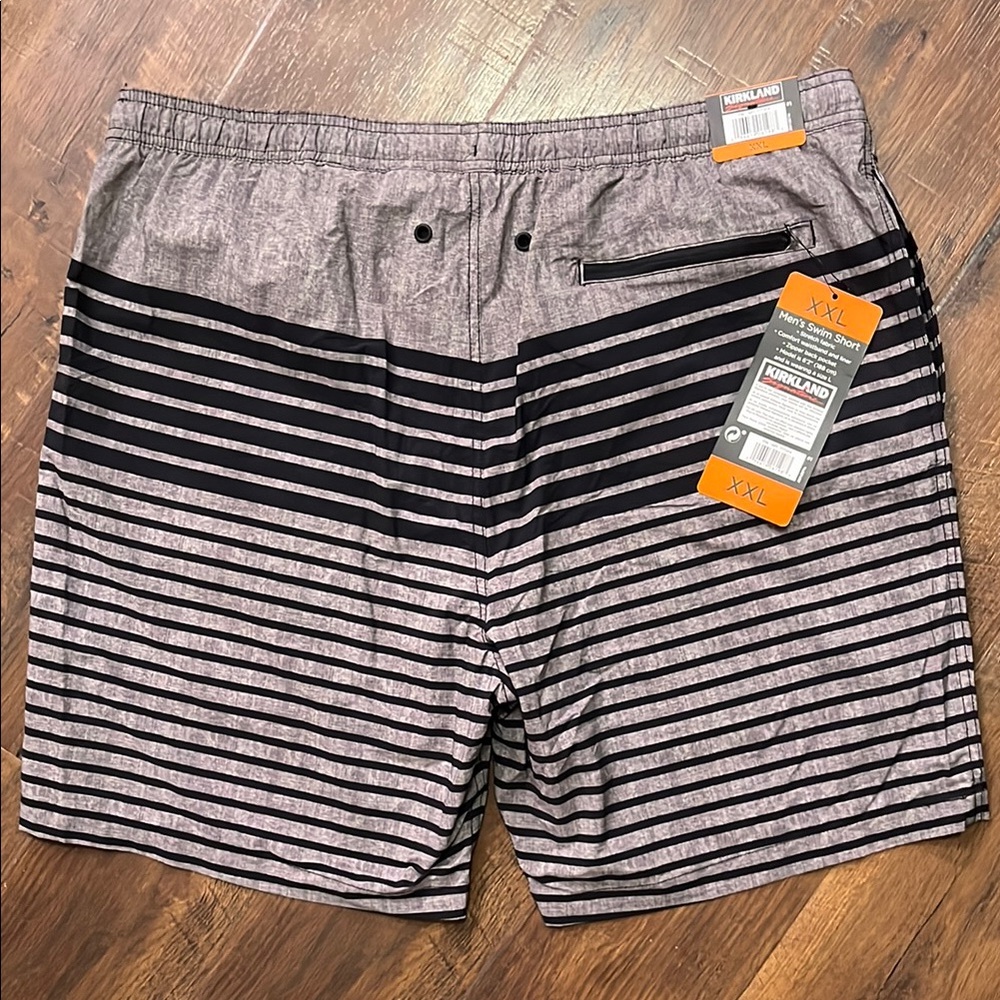 Kirkland Signature Gray and Black Board Shorts with Color-Block Design